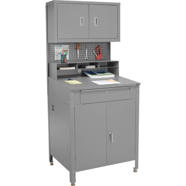 Global Industrial 34-1/2W x 30D x 80H Cabinet Shop Desk with Pigeonhole Riser, Pegboard & Upper Cabinet, Gray 249692GY - main